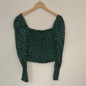Reformation Pinto Green Floral Smocked Top Blouse XS Romantic Sheer Coquette